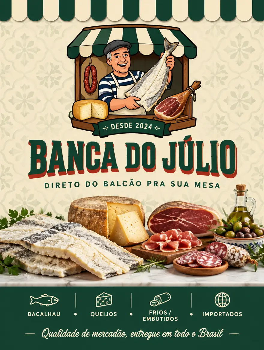 Banca do Júlio: bacalhau, queijos, frios, embutidos e importados, direto do balcão pra sua mesa.